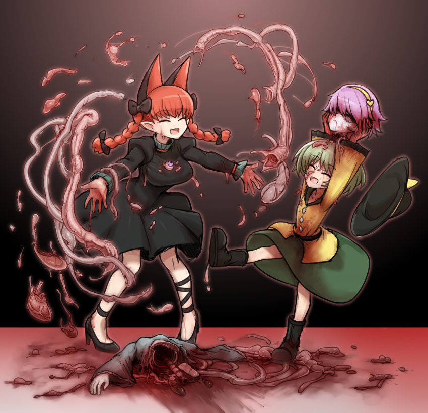 3girls :d animal_ears arms_up belt black_belt black_bow black_dress black_footwear black_hat blood blood_on_face blood_on_hands blood_splatter boots bow braid breasts brown_background buttons cat_ears cat_girl closed_eyes commentary_request death diamond_button dismemberment dress extra_ears eyeball frilled_sleeves frills full_body green_hair green_skirt guro hairband hairbow hat highres holding_detached_head intestines jigoku_no_soko_de_coffee_wo_nomu_neko juliet_sleeves kaenbyou_rin komeiji_koishi komeiji_satori long_hair long_sleeves medium_breasts multiple_girls open_mouth pink_hair pointy_ears puffy_sleeves red_hair severed_head shirt short_hair skirt smile spine touhou twin_braids variant_set yellow_hairband yellow_shirt