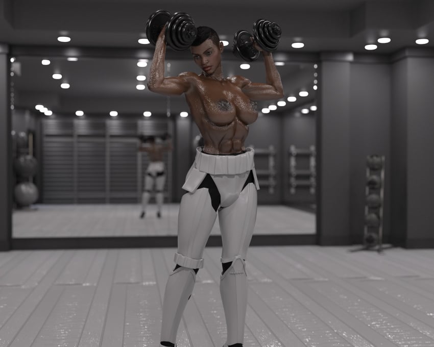 1girls 3d abs absurd_res absurdres breasts drinkerofskies exercise female female_only female_stormtrooper gym half_naked muscle_girl muscles solo star_wars stormtrooper sweat sweaty tagme