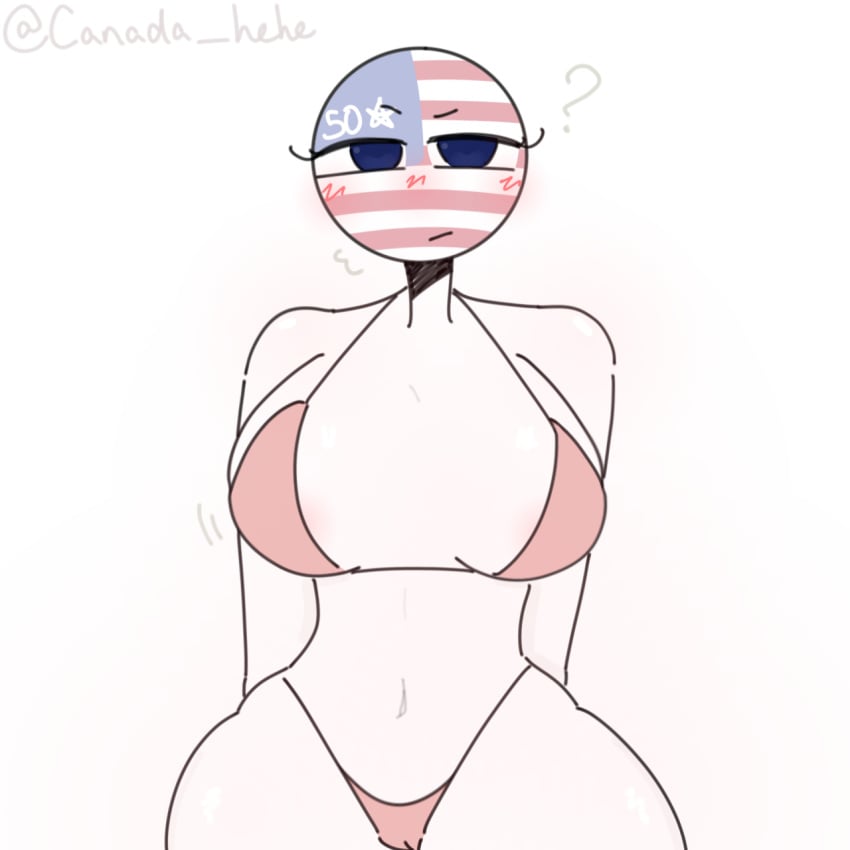 1girls american_flag big_breasts bikini blue_eyes blush countryhumans countryhumans_girl female female_only pink_bikini semi_nude united_states_of_america_(countryhumans) xx.canada.xx