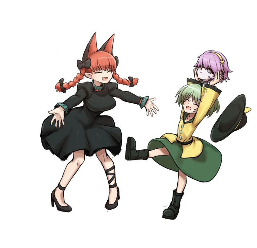 3girls :d animal_ears arms_up belt black_belt black_bow black_dress black_footwear black_hat boots bow braid breasts buttons cat_ears cat_girl closed_eyes commentary_request diamond_button dress extra_ears frilled_sleeves frills full_body green_hair green_skirt guro hairband hairbow hat highres holding_detached_head jigoku_no_soko_de_coffee_wo_nomu_neko juliet_sleeves kaenbyou_rin komeiji_koishi komeiji_satori long_hair long_sleeves medium_breasts multiple_girls open_mouth pink_hair pointy_ears puffy_sleeves red_hair severed_head shirt short_hair simple_background skirt smile touhou twin_braids variant_set white_background yellow_hairband yellow_shirt