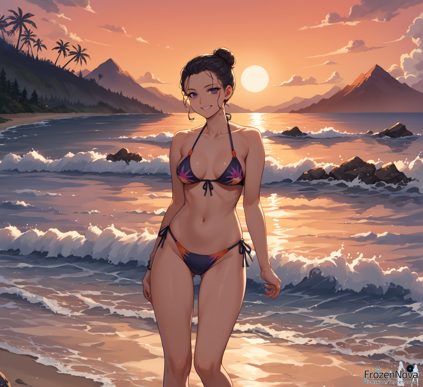 ai_generated beach bikini blue_eyes brown_hair hairbun head_tilt looking_at_viewer medium_breasts original original_character pale-skinned_female pale_skin skinny_girl smile smiling stable_diffusion standing sunset thigh_gap