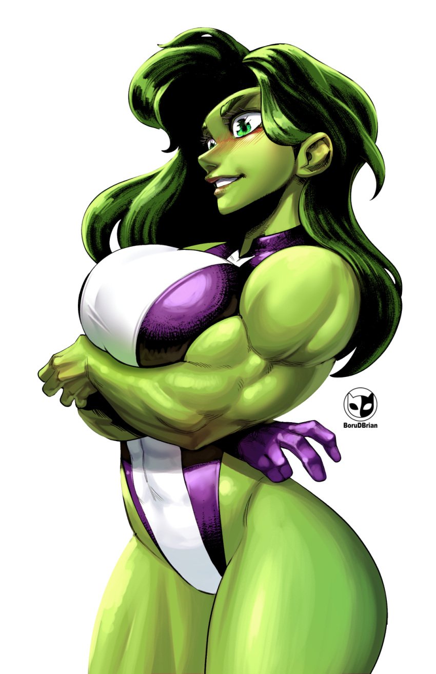 1girls bare_arms bare_breasts bare_shoulders big_breasts blush borudbrian clothed clothing color female female_focus female_only fit_female green_body green_eyes green_hair green_skin hi_res hulk_(series) jennifer_walters large_breasts long_hair looking_at_viewer marvel marvel_comics muscles muscular muscular_arms muscular_female muscular_legs muscular_thighs nipples she-hulk solo solo_female tagme thick_thighs