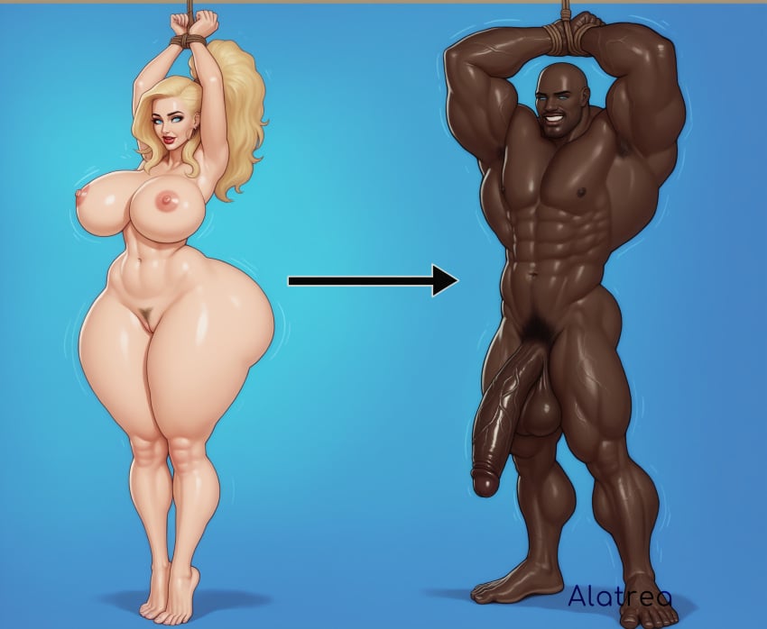 1boy 1girls ai_generated alatrea armpits bald before_and_after big_ass blonde_female blue_eyes breast_reduction cock_growth curvy dark-skinned_male dark_skin fertile_hips ftm_transformation gender_transformation huge_cock huge_testicles huge_thighs identity_death large_breasts light-skinned_female masculinization muscle_growth muscular muscular_male nipple ponytail pussy race_swap thick_arms tied_hands tied_up voluptuous_female wide_hips wide_shoulders