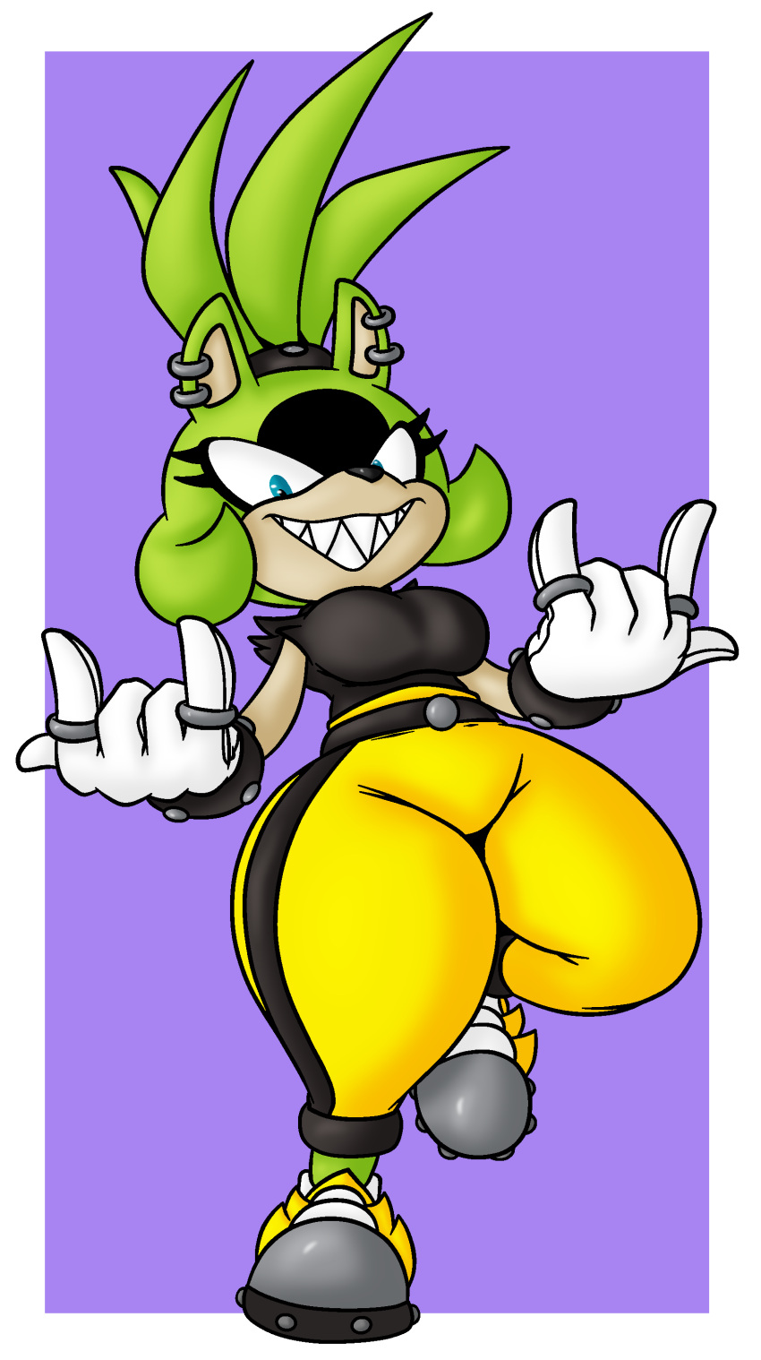 2022 absurd_res anthro bigdon1992 breasts clothing color_edit colored digital_drawing_(artwork) digital_media_(artwork) ear_piercing female gloves green_body handwear hi_res idw_publishing linkido piercing sega shaded sharp_teeth simple_background solo sonic_the_hedgehog_(comics) sonic_the_hedgehog_(idw) sonic_the_hedgehog_(series) surge_the_tenrec teeth thick_thighs third-party_edit wide_hips