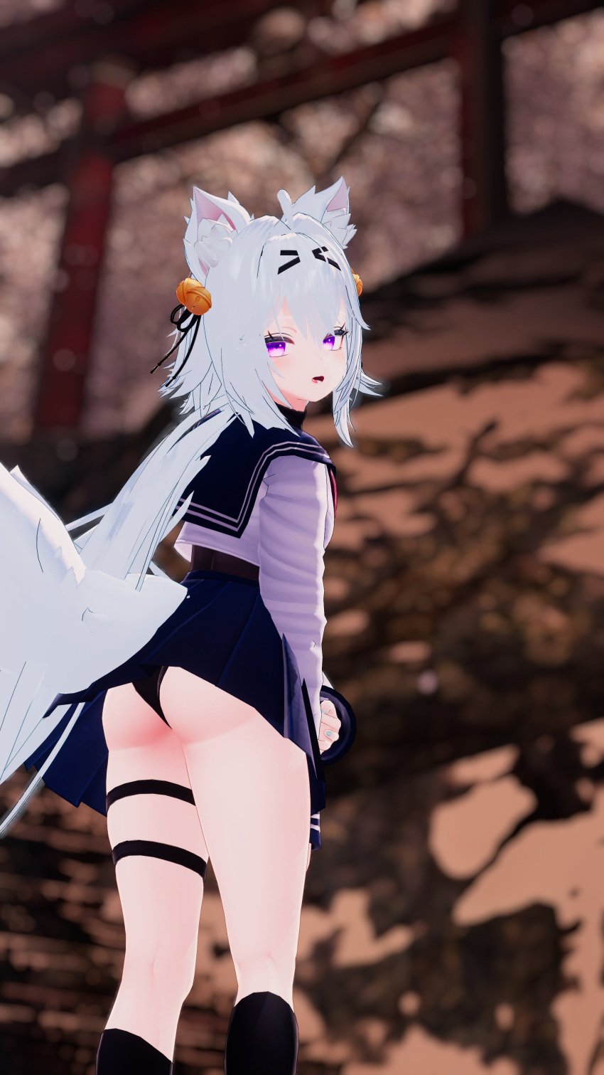 1girls 3d ass back_view female female_focus female_only filian filian_(vtuber) filiannevr indie_virtual_youtuber looking_at_viewer open_mouth panties school_uniform skirt small_boobs small_breasts socks streamer thigh_strap upskirt virtual_youtuber vrchat vtuber white_hair