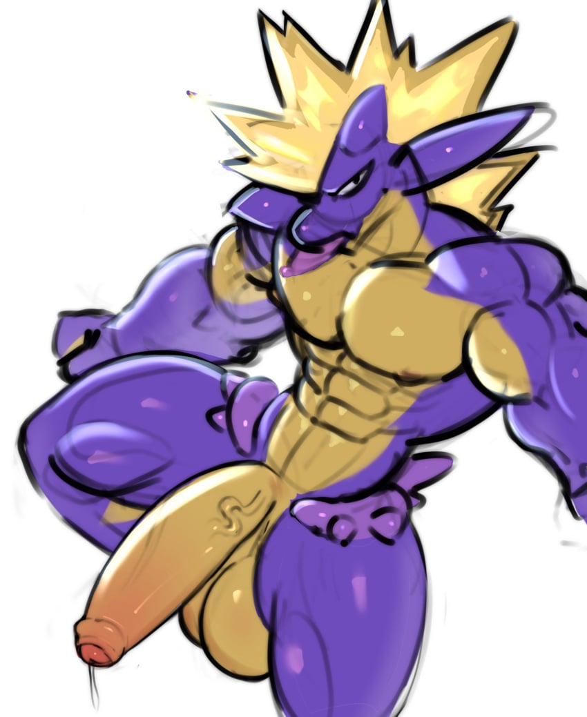 amped_toxtricity anthro balls bara big_balls big_penis boner erection male male_only muscles muscular naughtylezard nintendo penis pokemon scalie solo solo_male tongue_out toxtricity