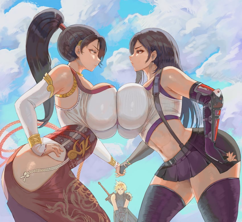 breasts breasts_bigger_than_head breasts_press breasts_pressed_against_partner breasts_pressed_together catfight cloud_strife crossover dead_or_alive final_fantasy final_fantasy_vii male momiji_(ninja_gaiden) ninja_gaiden sky tifa_lockhart voidmakerz yuri