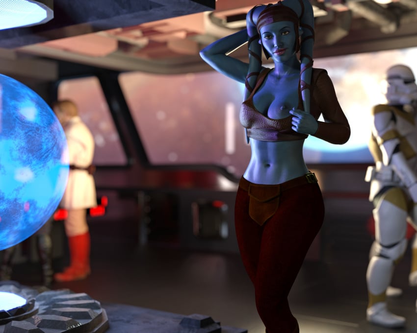 1girls 3d aayla_secura absurd_res absurdres breasts breasts_out clone clone_trooper drinkerofskies female flashing flashing_breasts looking_at_viewer obi-wan_kenobi star_wars tagme teasing