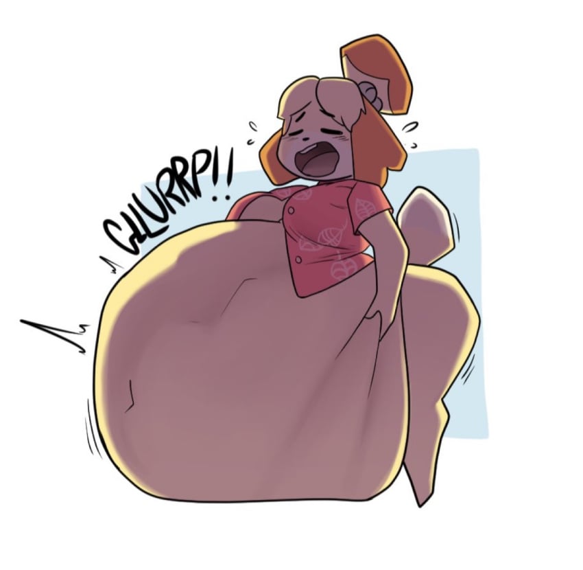 1girls animal_crossing aplefrit bottomless canine curvy curvy_female cute digestion digestion_noises dog_ears dog_girl fatal_vore female hawaiian_shirt huge_belly isabelle_(animal_crossing) prey vore vore_belly