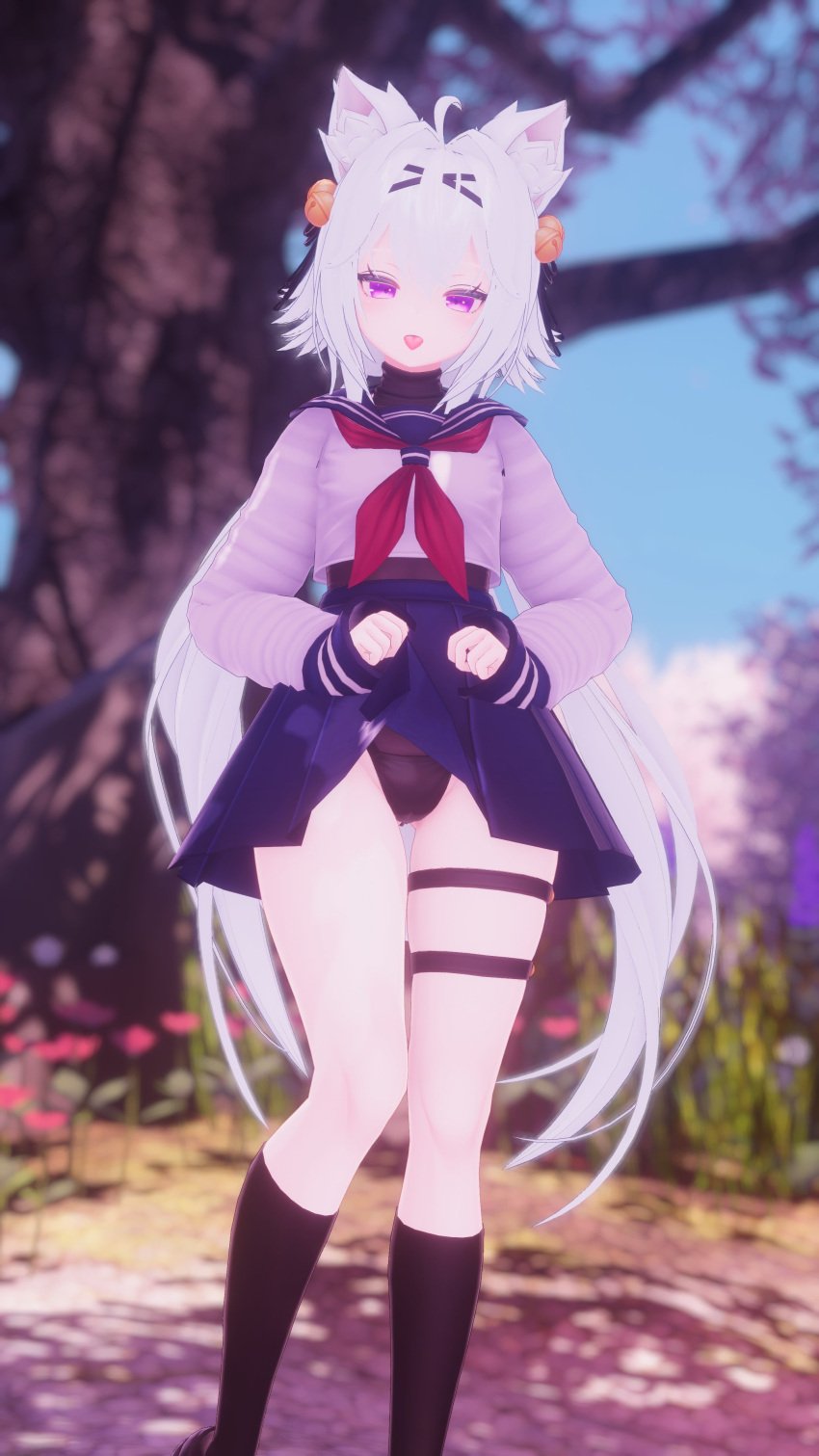 1girls 3d cameltoe female female_focus female_only filian filian_(vtuber) filiannevr indie_virtual_youtuber lifting_skirt looking_at_viewer panties school_uniform skirt skirt_lift small_boobs small_breasts socks streamer thigh_strap tongue_out virtual_youtuber vrchat vtuber white_hair