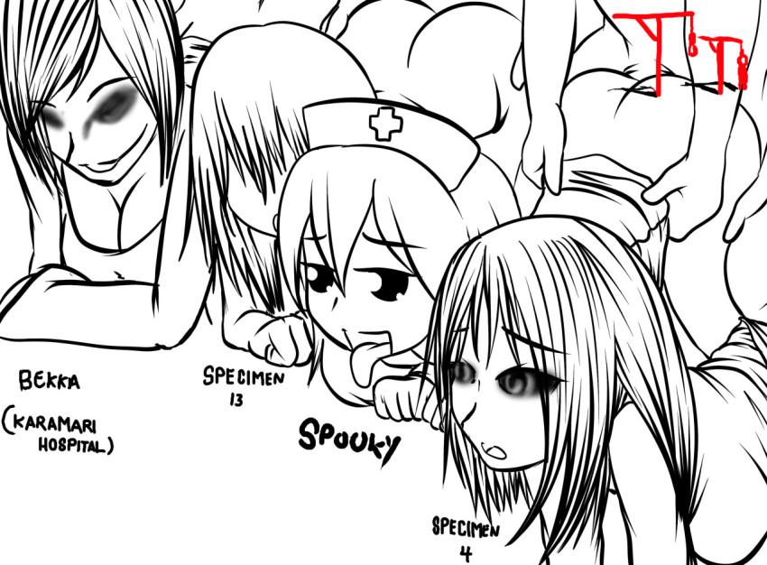 black_eyes black_sclera breasts cleavage english_text female from_behind_position ghost group hair_over_eyes hat headgear humanoid karamari_hospital male mob_face monster_6 near_monochrome nurse penetration sex specimen_13 specimen_4 spirit spooky's_house_of_jump_scares spooky's_jump_scare_mansion spooky_(shojs) suicidetoto text tongue tongue_out