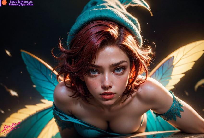 ai_generated armwear beanie big_breasts cleavage dress fairy fairy_wings freckles grey_eyes leaning_forward lewd lustful_gaze red_hair soft_lips spark_star teasing