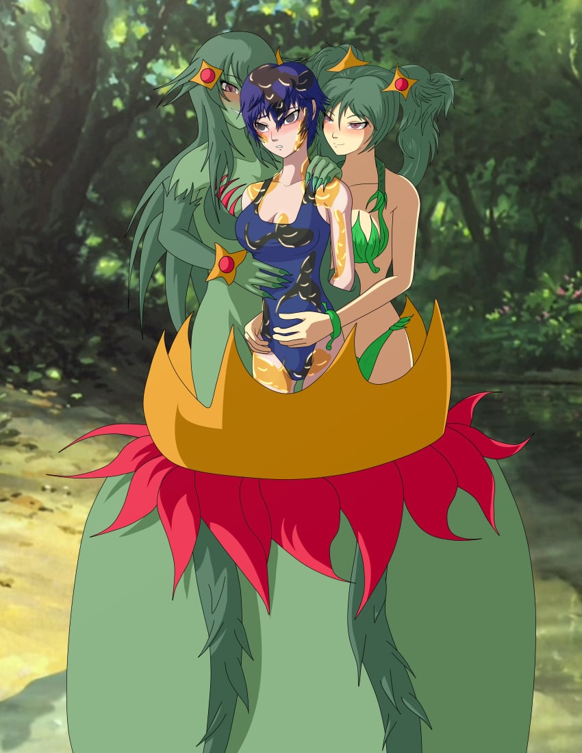 bikini blush breasts corruption dazed elmonais empty_eyes female_only femdom femsub green_hair hair honey kujikawa_rise large_breasts long_hair monster_girl open_mouth persona persona_4 plant_girl shirogane_naoto short_hair tentacle tied_hair twintails vore