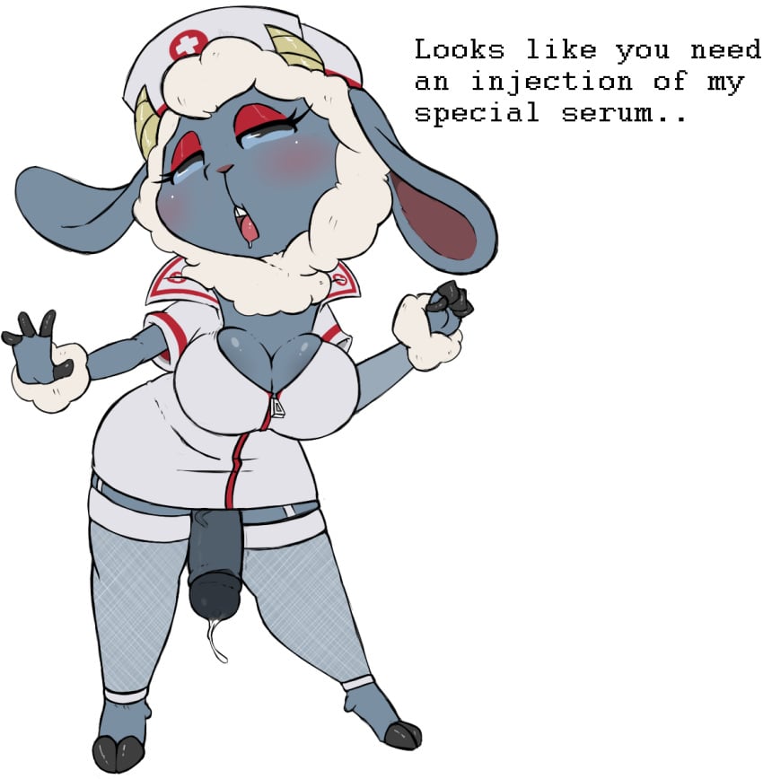 breasts caprine cleavage clothed clothing cum dialogue dickgirl eyeshadow futanari intersex legwear makeup mammal musicsheep nurse nurse_uniform open_mouth penis roy_mccloud sheep solo_futa stockings uniform