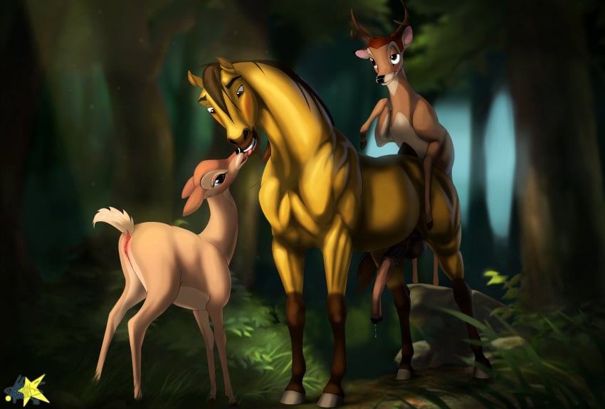 2016 absurd_res anal anal_sex animal_genitalia animal_penis antlers anus bambi_(character) bambi_(film) blue_eyes blush brown_eyes brown_fur cervine cervine_pussy deer detailed_background disney dreamworks equine equine_penis erection faline female feral feral_on_feral forest from_behind_position fur gay group group_sex hi_res hooves horn horse horsecock kissing klaus_doberman male mammal mounting multicolored_fur open_mouth penetration penis precum pussy raised_tail sex smile spirit:_stallion_of_the_cimarron spirit_(character) straight threesome tongue tongue_out tree two_tone_fur yaoi yellow_fur