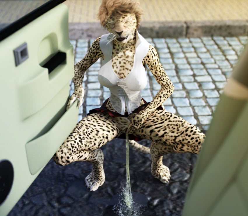 3d breasts car clothing crouching desperation feline female hair leopard mammal omorashi panties peeing pussy relief saberjackal_(artist) short_hair skirt solo underwear urine vehicle watersports wetting whiskers
