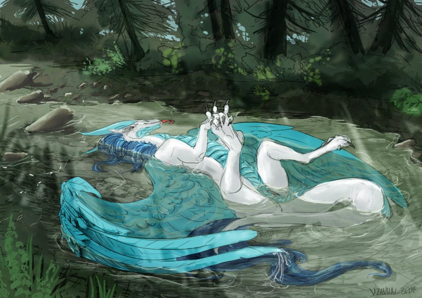 1girls 2016 blue_feathers blue_scales dragon feathered_wings feathers female feral forest itaris lying outside presenting pussy river scales solo spread_legs spreading summer tongue_out velannal water white_body white_skin wings