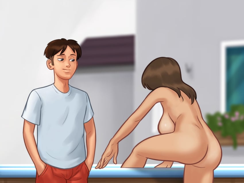 1boy 1girls 2d areolae ass brown_hair clothed clothing completely_nude completely_nude_female darkcookie digital_drawing_(artwork) digital_media_(artwork) duo getting_out_of_pool horny horny_female horny_male jacuzzi light-skinned_female light-skinned_male light_skin looking_down main_character_(summertime_saga) male male/female melonia_(summertime_saga) milf nipples nude nude_female shirt shorts sideboob smile smiling standing summertime_saga teenager