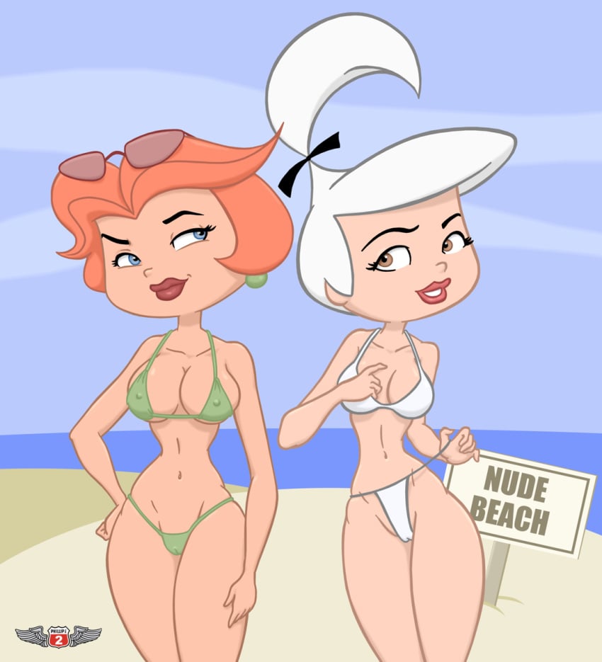 2girls alex_hiro beach big_breasts bikini cameltoe erect_nipples female female_only hanna-barbera innie_pussy jane_jetson judy_jetson mother_and_daughter multiple_girls orange_hair phillipthe2 sunglasses sunglasses_on_head the_jetsons white_hair