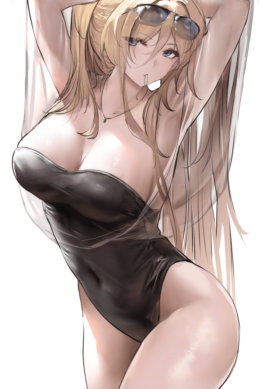 armpits arms_behind_head arms_up azur_lane bare_shoulders bismarck_(azur_lane) bismarck_zwei_(azur_lane) bismarck_zwei_(crystal-clear_holiday)_(azur_lane) black_dress black_one-piece_swimsuit blonde_hair blue_eyes breasts casual_one-piece_swimsuit cg cleavage collarbone covered_navel cowboy_shot dress eyewear_on_head female hair_tie_in_mouth highleg highleg_swimsuit jewelry large_breasts liaowen long_hair looking_at_viewer mouth_hold necklace official_alternate_costume official_art one-piece_swimsuit ponytail see-through shawl simple_background solo strapless strapless_one-piece_swimsuit sunglasses swimsuit thighs tying_hair very_long_hair white_background
