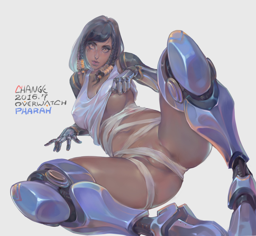 2016 absurdres artist_name black_hair braid breasts change_(artist) character_name copyright_name dark-skinned_female dark_skin dated facial_tattoo female greaves highres looking_at_viewer nipple_slip nipples no_pants one_breast_out overwatch pharah shirt_lift signature simple_background solo tattoo tied_hair white_background