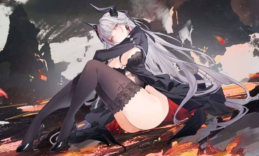 admiral_zenker_(azur_lane) ass azur_lane black_bra black_dress black_footwear black_horns black_thighhighs blush breasts cleavage cross_earrings demon_horns dress earrings female full_body grey_eyes grey_hair high_heels horns jewelry knees_up lace lace_trim large_breasts legs long_hair long_sleeves looking_at_viewer multicolored_hair red_eyes red_hair shoes sitting solo streaked_hair thighhighs thighs two_side_up underwear very_long_hair white_hair yellow_eyes