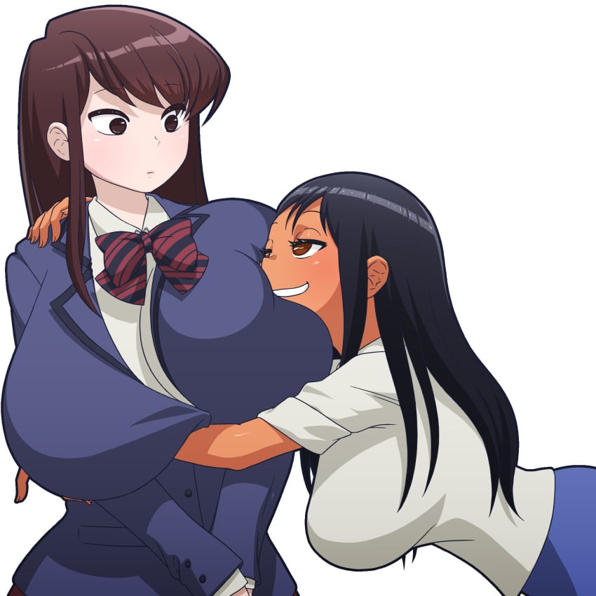 2girls alpha_channel asian big_breasts black_eyes black_hair breasts brown_eyes brown_hair clothed clothing crossover curvy dark_blue_hair face_on_breast female female_only for_sticker_use fringe grey_eyes hayase_nagatoro hi_res highres hug komi-san_wa_komyushou_desu komi_shouko light-skinned_female light_skin long_hair manyakis multiple_girls no_background pale-skinned_female petite please_don&#039;t_bully_me,_nagatoro png purple_eyes purple_hair revealing_clothes school_uniform schoolgirl skirt small_breasts smile sticker_template tan tan_skin tanned teenager transparent_background transparent_png wide_hips young yuri