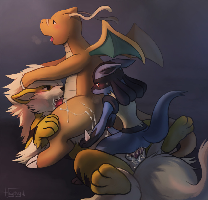 2016 anal anal_sex anus arcanine ass balls biped black_fur black_nose blue_fur blush brown_fur brown_scales canine claws cowgirl_position cream_fur cum cum_in_mouth cum_inside cum_on_ass cum_on_balls cum_on_chest cum_on_leg cum_on_penis dragon dragonite english_text fellatio feral foreskin fur gloves_(marking) grey_background group group_sex hand_on_head haychel highres humanoid_penis interspecies leaking legs_up looking_back lucario lying male mammal markings membranous_wings nintendo nude on_back on_top open_mouth oral orange_scales penetration penis pokemon pokemon_(species) raised_tail red_fur reverse_spitroast scales scalie sex signature simple_background spikes spread_legs spreading straddling sweat text threesome toe_claws tongue tongue_out uncircumcised uncut white_claws wings yaoi yellow_fur
