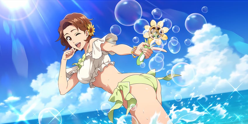 1girls ass beach bead_bracelet beaded_bracelet bikini bikini_bottom bikini_top bleach bleach:_the_thousand-year_blood_war bleach_brave_souls blue_sky bow bracelet breasts brown_eyes brown_hair bubble bubble_wand bubbles clouds day female female_focus female_only flower flower_in_hair frilled_bikini ginger ginger_hair green_bikini hair_flower hair_ornament hairclip high_resolution highres holding holding_object in_water jewelry lens_flare light-skinned_female light_rays light_skin looking_at_viewer masaki_kurosaki medium_breasts narrow_waist ocean off_shoulder official_art one_eye_closed open_mouth outdoors ribbon ruffles shiny shiny_hair shiny_skin short_hair side-tie_bikini side-tie_bikini_bottom sky slender_body slender_waist slim_waist small_ass smile solo solo_female solo_focus sparkles splashing standing standing_in_water summer sun sunflower sunflower_hair_ornament sunlight swimsuit swimwear two-piece_swimsuit wand water water_splash widescreen wink