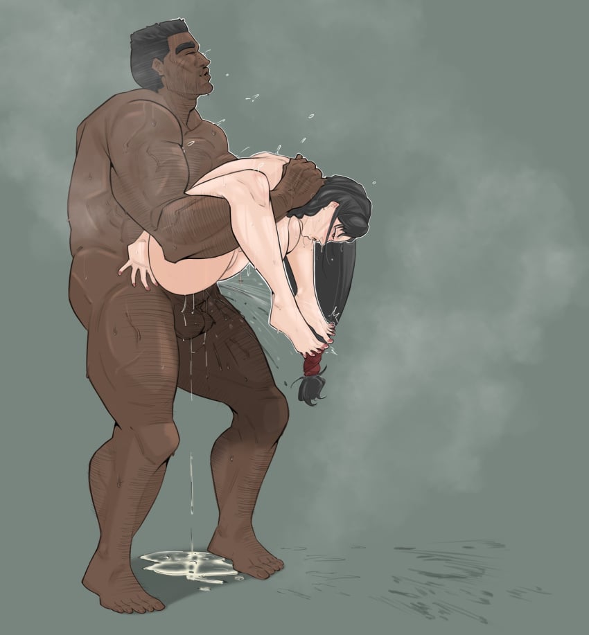 1boy 1girls barret_wallace black_hair carrying_partner closed_eyes completely_nude completely_nude_female completely_nude_male cum_puddle dark-skinned_male drooling exhausted female female_ejaculation final_fantasy_vii fucked_silly full_body full_nelson half-closed_eyes interracial low-tied_long_hair male muscular muscular_male steaming_body sweat tifa_lockhart tokyoplip