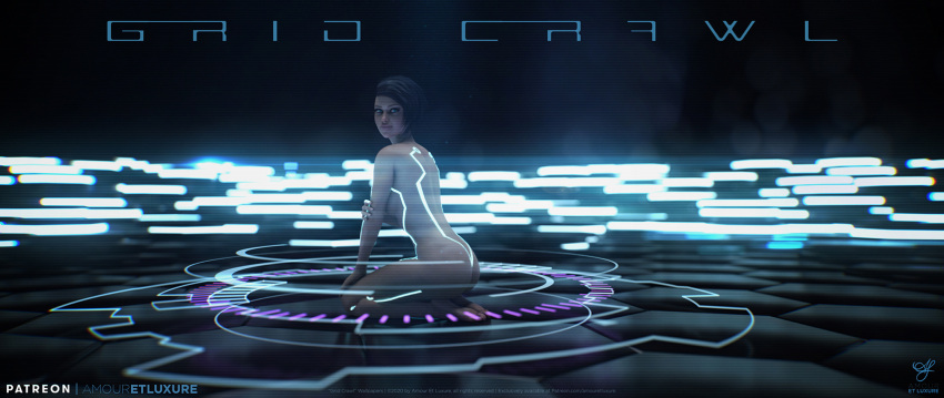 1girls 2020 3d amouretluxure artist_logo artist_name black_hair english_text female female_only kneeling nude nude_female on_knees sci-fi science_fiction short_hair solo solo_female tron