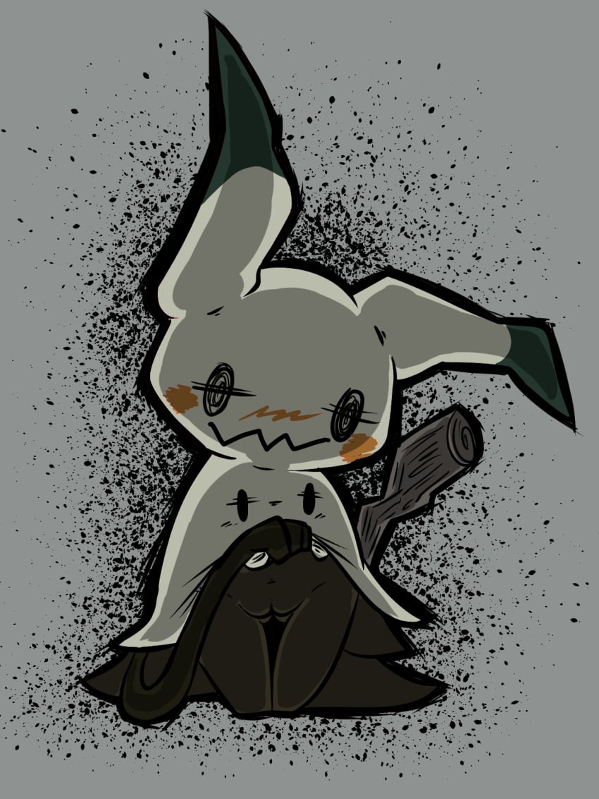 1girls black_eyes blush female ghost kneeling looking_at_viewer mimikyu monochrome nintendo partially_colored pokemon pokemon_sm pussy solo thigh_gap vono