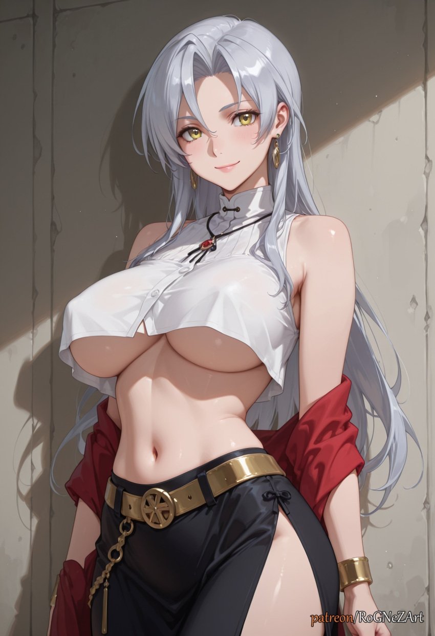 2025 ai_generated bangs bare_shoulders belt black_skirt blush bracelet breasts closed_mouth cowboy_shot crop_top earrings female female female_focus grey_hair jewelry kiba_mikoto large_breasts long_hair looking_at_viewer midriff navel necklace nsfw off_shoulder parted_bangs rognezart shirt side_slit skirt sleeveless sleeveless_shirt smile solo triage_x underboob white_shirt yellow_eyes