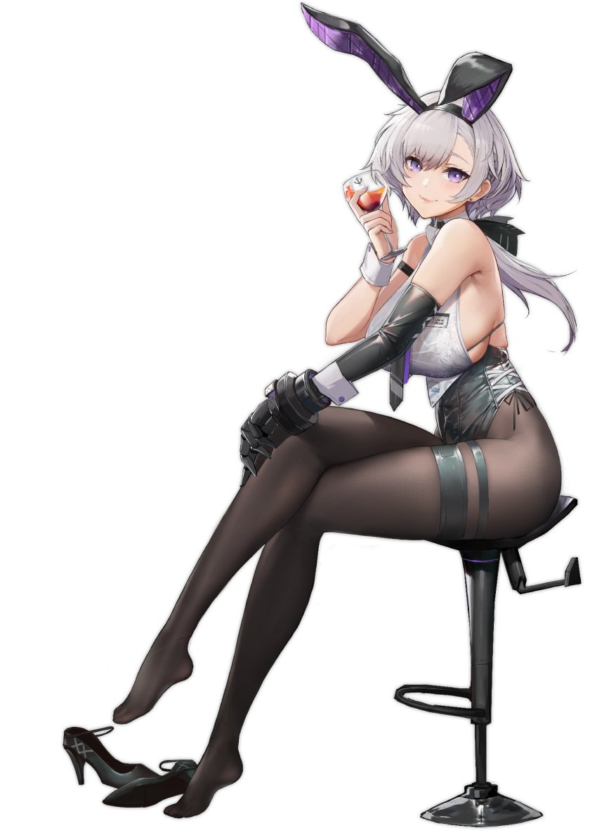 animal_ears azur_lane backless_leotard bar_(place) bar_stool bare_shoulders black_background black_bra black_footwear black_gloves black_hairband black_leotard black_necktie black_pantyhose blush bow bowtie bra breasts cg chair closed_mouth crossed_legs cup drinking_glass elbow_gloves fake_animal_ears feet female from_side full_body gloves grey_hair hair_between_eyes hairband high_heels holding holding_cup large_breasts legs leotard leotard_under_clothes long_hair looking_at_viewer low_ponytail mechanical_hands necktie official_alternate_costume official_art pantyhose parted_hair playboy_bunny ponytail purple_eyes rabbit_ears reno_(azur_lane) reno_(reno_bunnino)_(azur_lane) see-through see-through_shirt shirt shoes side-tie_leotard sideboob sideless_shirt sidelocks silver_hair simple_background single_elbow_glove single_shoe sitting sleeveless smile solo stool thigh_strap thighband_pantyhose thighs transparent_background underwear unworn_shoes white_shirt wrist_cuffs