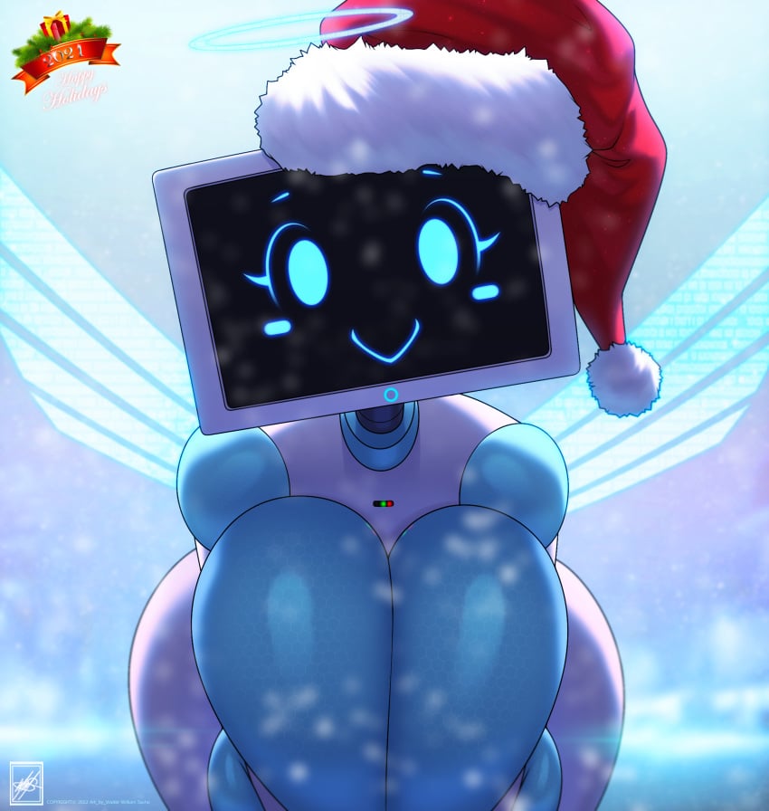 2021 absurd_res big_breasts breasts christmas christmas_clothing christmas_headwear clothing electronics female hat headgear headwear hi_res holidays huge_breasts humanoid looking_at_viewer machine monitor pc_bot_(walter_sache) robot robot_humanoid screen screen_face snow solo text walter_sache