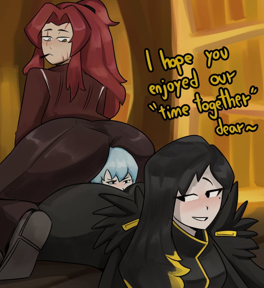 3girls angela_(lobotomy_corporation) binah face_sitting female female_only gebura_(lobotomy_corporation) library_of_ruina project_moon veruveru21 yuri