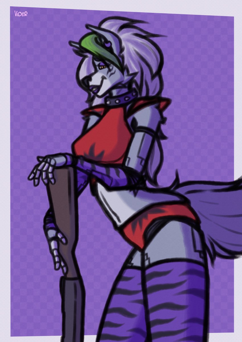 absurd_res animatronic anthro breasts canid canine canis clothing collar female five_nights_at_freddy&#039;s five_nights_at_freddy&#039;s:_security_breach fur grey_body gun hair hi_res humanoid legwear lips lipstick long_hair machine makeup mammal piercing ranged_weapon ring_piercing robot robot_anthro roxanne_wolf_(fnaf) scottgames solo steel_wool_studios viderart weapon white_hair wolf yellow_eyes