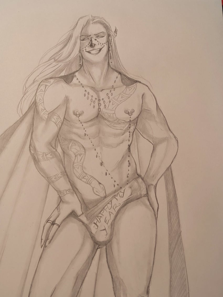 1boy fulgrim jewelry long_hair long_hair_male muscular_male primarch snake_tattoo speedo tattoo warhammer_40k
