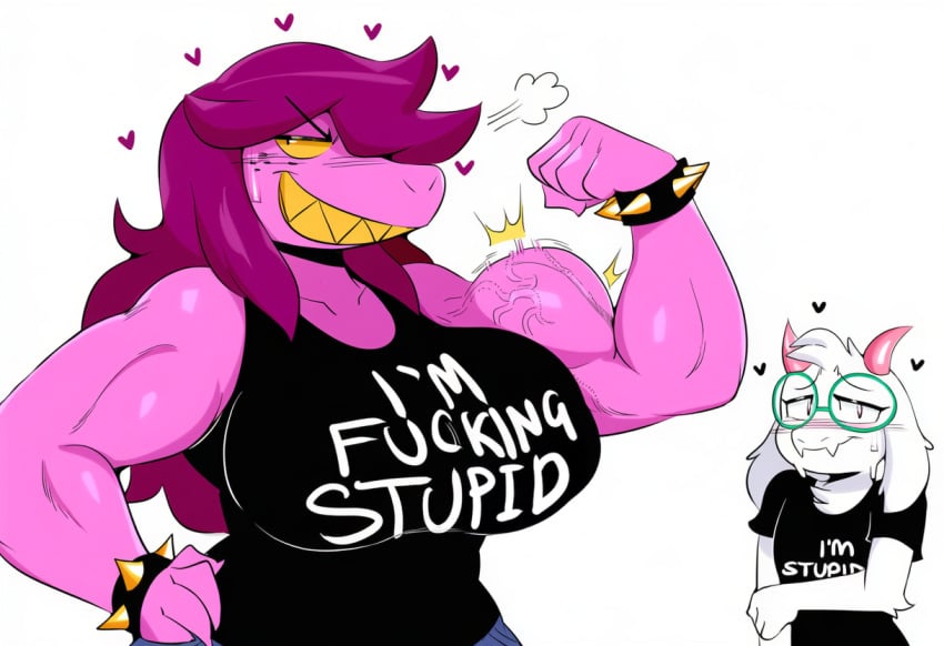 1boy 1girls 2018 ai_generated anthro big_breasts blush bodily_fluids bovid bracelet breasts caprine clothed clothing darkner deltarune duo english_text eyewear female flexing flexing_bicep glasses goat hair heart hellsonger hi_res horn jewelry larger_female male mammal meme muscular muscular_anthro muscular_female muscular_male purple_hair ralsei reptile scalie sharp_teeth shirt simple_background size_difference smile spiked_bracelet spikes susie_(deltarune) sweat teeth text text_on_clothing text_on_shirt text_on_topwear topwear undertale_(series) white_background