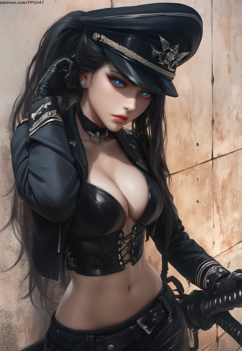 1girls against_wall ai_generated belly_button belt black_hair black_uniform blue_eyes choker cleavage clothed clothed_female clothes clothing collarbone corset earrings female female_human female_only fit fit_female front_view gloves glowing_eyes goth goth_girl hand_on_weapon human human_female jacket katana large_breasts lipstick looking_at_viewer military military_hat military_uniform nai_diffusion novelai open_jacket original original_character pale-skinned_female pale_skin patreon_username ponytail pujopg realistic red_lipstick revealing_clothes slim_waist solo solo_female sword very_long_hair wide_hips
