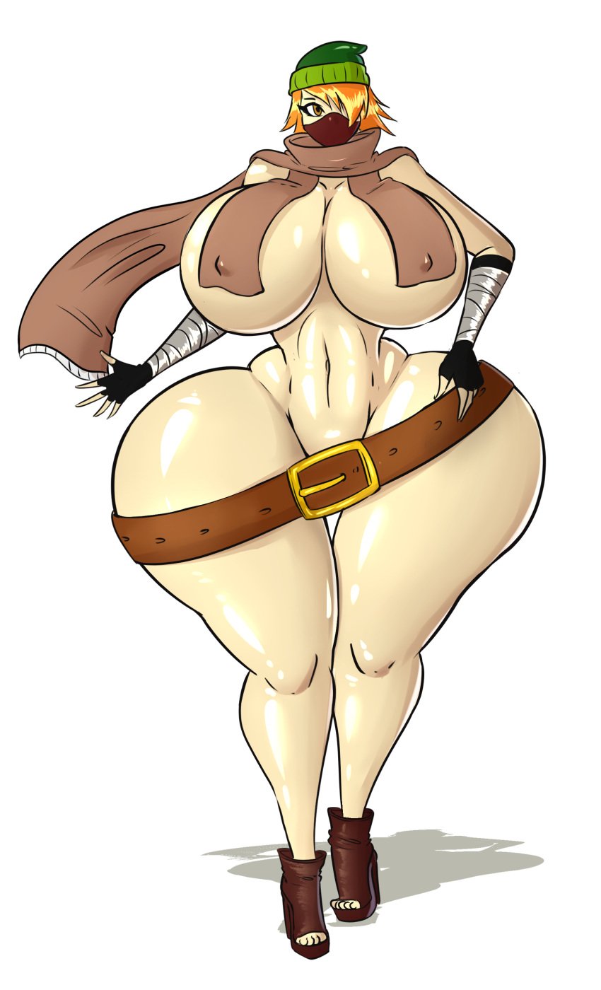 1girls 2025 ankle_boots arm_wraps bandages bandana belt big_breasts bottomless breasts brown_eyes convenient_censoring covered_mouth female female_only fingerless_gloves functionally_nude gap gingerfan gloves green_hat hair_over_one_eye hand_on_hip hat hips huge_ass huge_breasts hyper large_breasts long_gloves looking_at_viewer mask navel no_bra no_panties open_toe_shoes orange_hair scarf shiny_skin shoes short_hair solo thick_thighs thief thigh_gap topless transparent_background wide_hips
