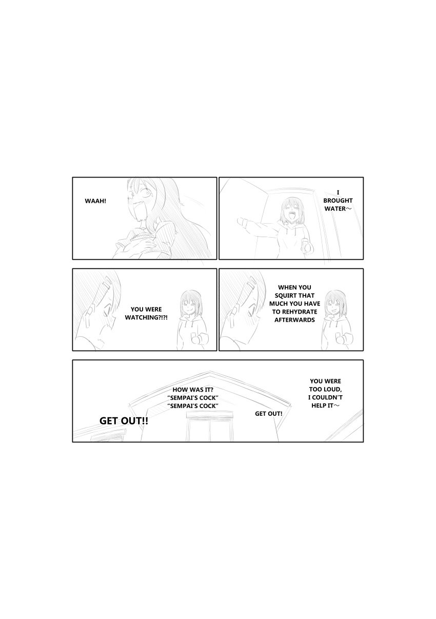 2girls after_masturbation black_and_white blush clothed clothed_female comic dialogue end_page english_text exposed_breasts felipe_godoy female female_focus female_only hayase_nagatoro humiliated humiliation humor interuption long_hair misaki_nagatoro mocking panicking please_don&#039;t_bully_me,_nagatoro shirt shirt_lift shirt_only shirt_open shirt_up shocked shocked_expression sisters smug smug_face tears tears_in_eyes teasing voyeur voyeurism walking_in_on