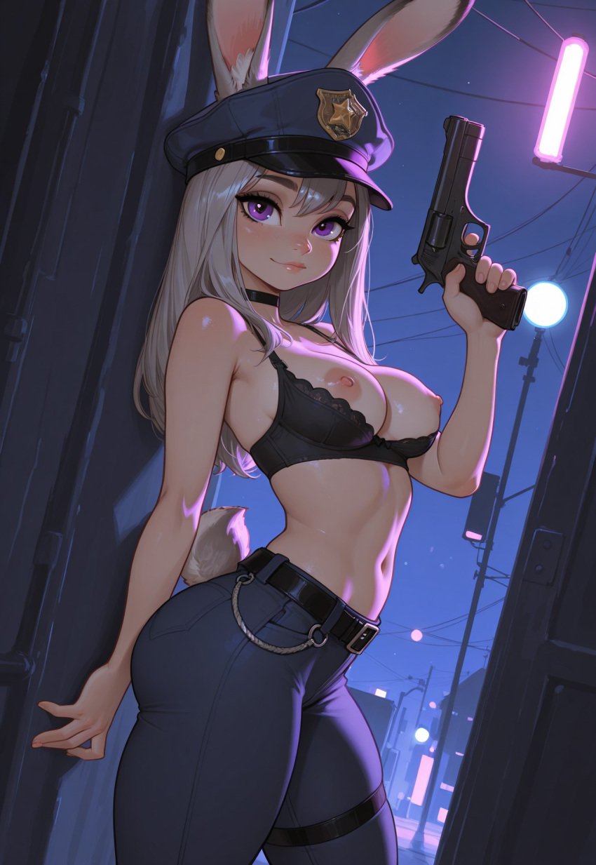 1girls ai_generated animal_humanoid bra disney female firearm grey_hair gun humanized humanoid judy_hopps meat_master navel nipples open_shirt purple_eyes rabbit_ears rabbit_humanoid rabbit_tail smoking_gun zootopia
