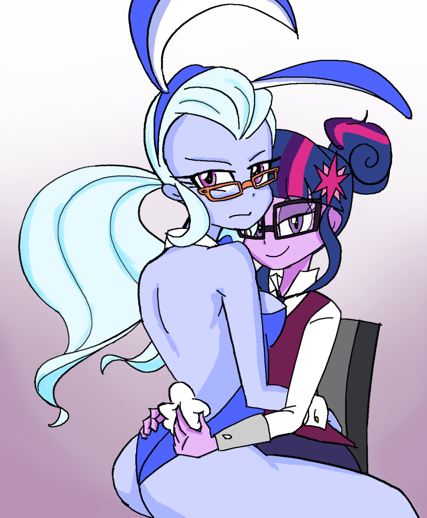 2girls aqua_hair ass ass_grab blue_skin bunny_suit color dat_ass duo equestria_girls friendship_games friendship_is_magic frown glasses hair_bun lap_dance looking_at_viewer looking_back my_little_pony piccolocwel purple_skin sci-twi smile sugarcoat twilight_sparkle_(mlp) yuri