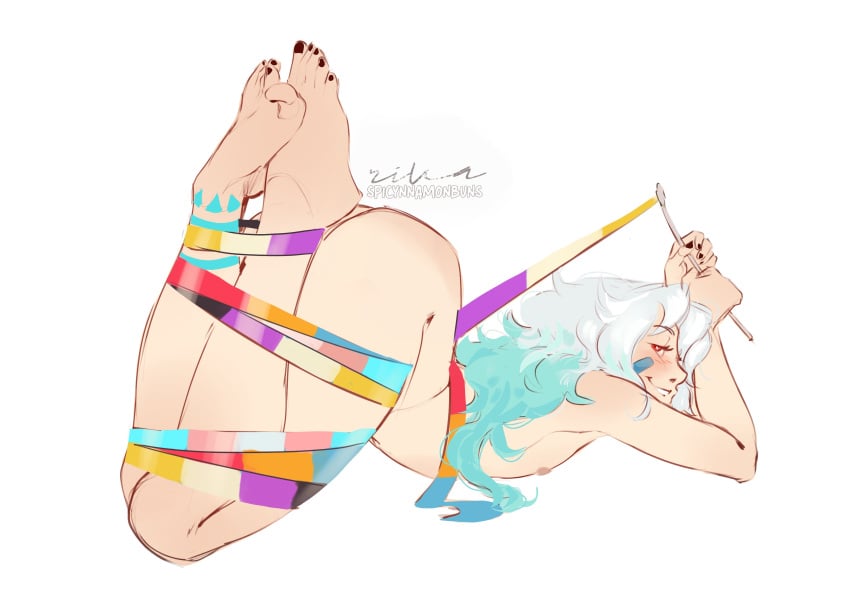 airin_hawnt arched_back ass_up bandage blue_hair blue_tattoo femboy flags ghost ghost_boy glowing_tattoo kinkyriva laying_on_ground lewdtuber long_hair lustful_gaze male non-binary nude nude_male painted_nails painted_toenails pinup pinup_pose pride_flag red_eyes showing_off smiling_at_viewer smug smug_face solo_femboy tattoos tied_legs tied_up toes transgender transgender_pride_colors vtuber wrapped_up ych