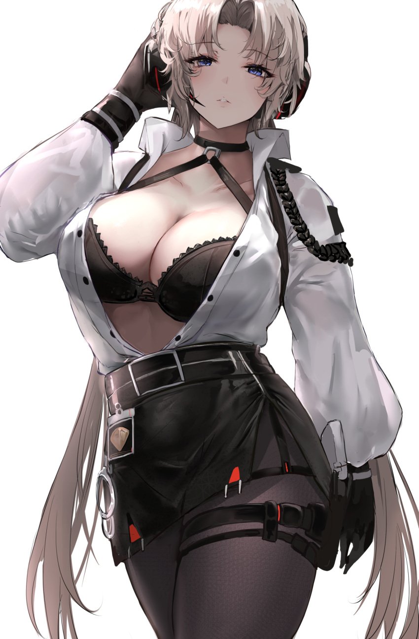 azur_lane belt black_belt black_bra black_choker black_gloves black_pantyhose black_skirt blonde_hair blue_eyes blush bra breasts cg choker cleavage collarbone collared_shirt cowboy_shot cuffs female gloves half_gloves handcuffs headphones high-waist_skirt kronshtadt_(azur_lane) kronshtadt_(begin_the_rush!)_(azur_lane) large_breasts liaowen long_hair long_sleeves looking_at_viewer low_twintails miniskirt mole o-ring official_alternate_costume official_art open_clothes open_shirt pantyhose parted_bangs parted_lips partially_unbuttoned pencil_skirt police_badge puffy_sleeves shirt shirt_tucked_in short_hair simple_background skirt solo standing thigh_strap twintails underwear very_long_hair white_background white_hair white_shirt