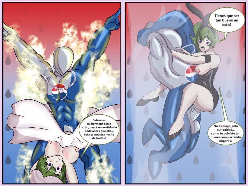 1boy 1girls big_ass big_breasts big_butt big_muscles big_penis breasts bunny_ears bunny_girl bunnysuit chain_necklace comic comic_page cum cum_inside dialogue faceless_male female male muscular muscular_male nipples pepsi pepsiman sousou_no_frieren spanish_dialogue spanish_text stomach_bulge tummy_bulge ubel_(sousou_no_frieren) vagina vaginal_penetration vaginal_sex wedding wedding_lingerie wedding_ring wedding_veil