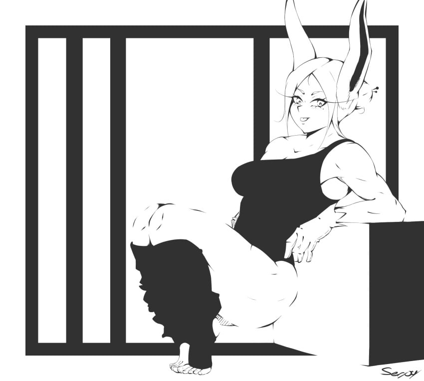 black_and_white bunny_ears bunny_girl female gloves leg_warmers long_eyelashes mirko miruko muscular muscular_female my_hero_academia rabbit_ears rabbit_girl rumi_usagiyama