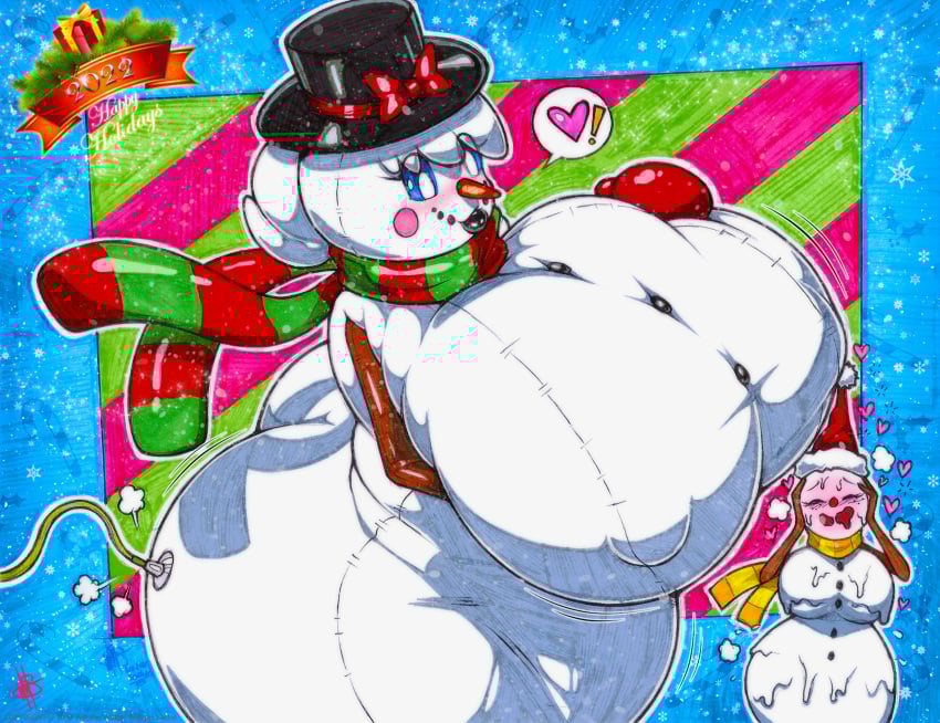 absurd_res animate_inanimate big_breasts breasts christmas christmas_clothing christmas_headwear christmas_tree clothing duo female headgear headwear hi_res holidays hose hose_inflation humanoid inflatable inflation living_inflatable melting nipple_outline plant scarf snow snowflake snowman traditional_media_(artwork) tree walter_sache