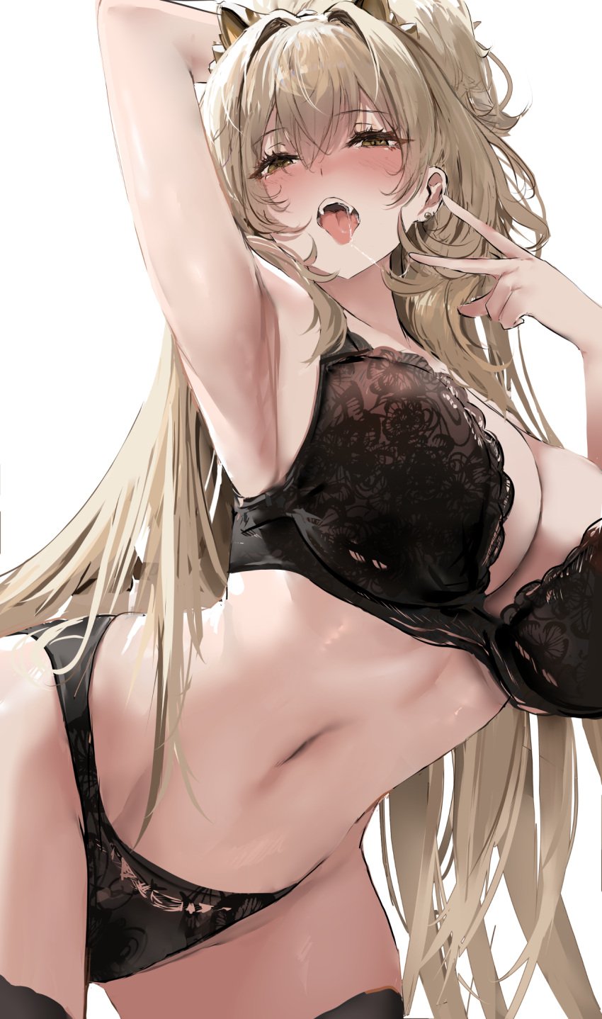 animal_ears arm_behind_head arm_up armpits azur_lane bare_shoulders black_bra black_panties black_thighhighs blonde_hair blush bra breasts brown_eyes cleavage cowboy_shot female hair_between_eyes lace lace-trimmed_bra lace_trim large_breasts lingerie lion_(azur_lane) lion_ears long_hair looking_at_viewer messy_hair navel open_mouth panties piercing saliva simple_background solo stomach sweat teeth thighhighs thighs tongue tongue_out underwear underwear_only v very_long_hair white_background yellow_eyes